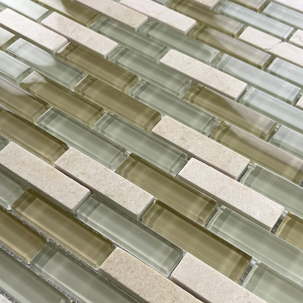 A62001 Glass Mosaic Tile White Yellow Glass Beige Marble Accent Backsplash