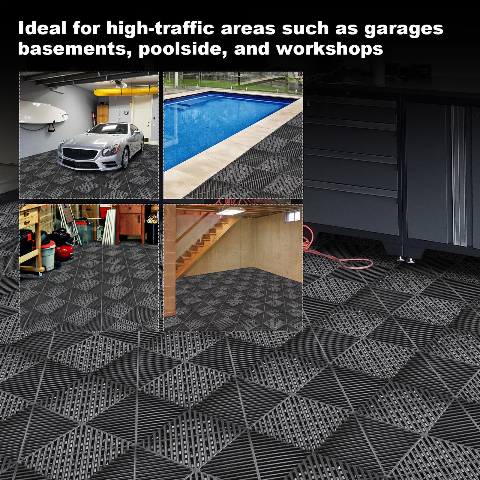 40 Packs Interlocking Garage Floor Tiles Vented Water Drainage 15.75×15.75”