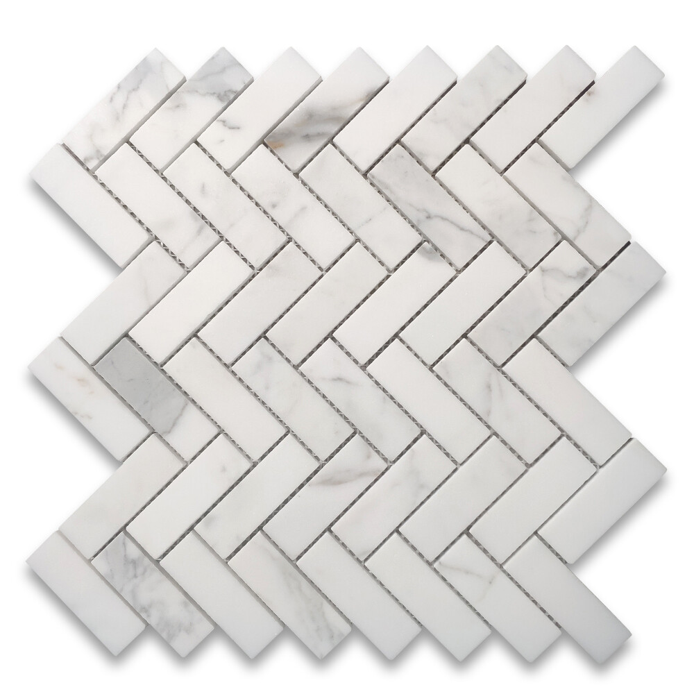 L72XH Statuary White Statuario Marble 1×3 Herringbone Mosaic Tile Honed