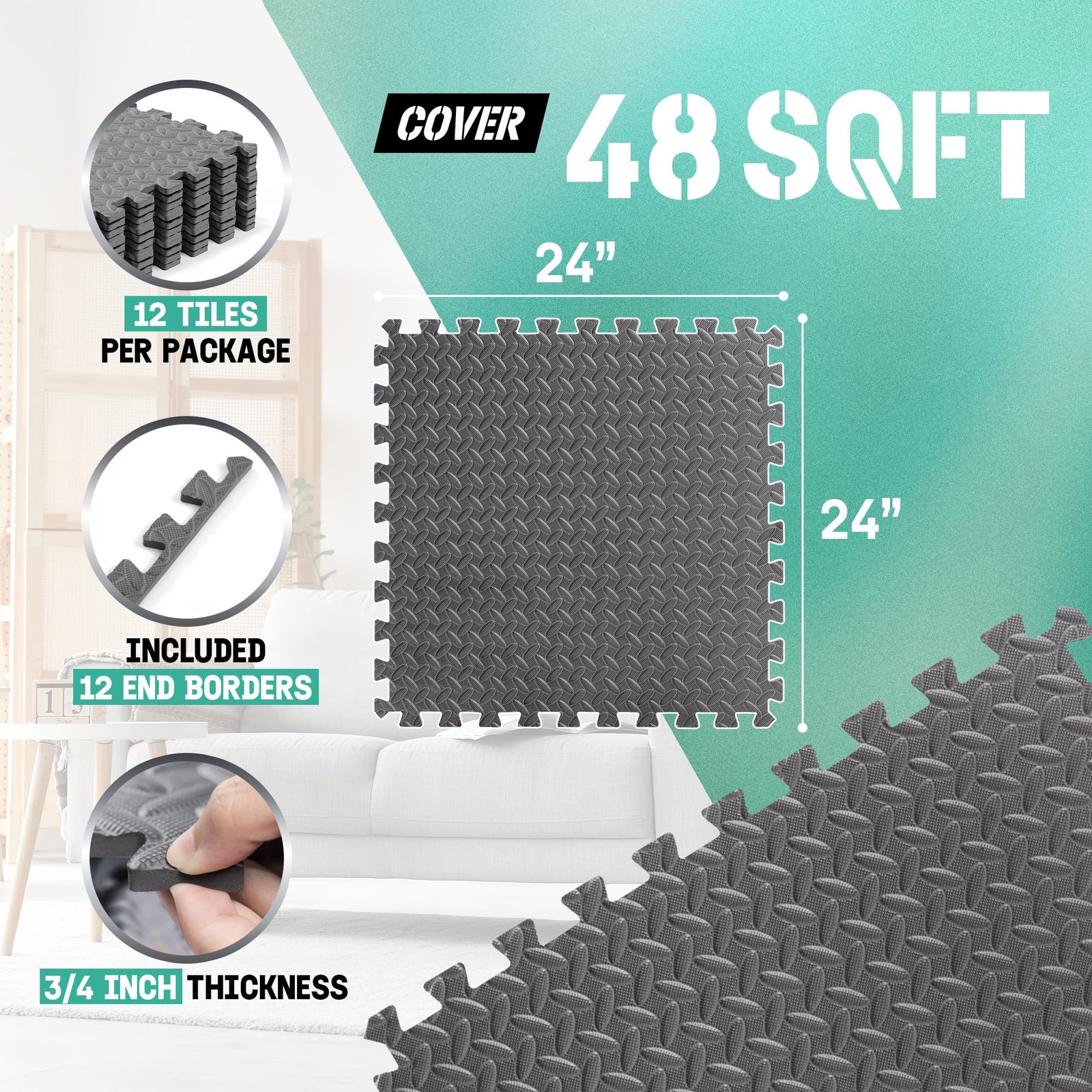 Yes4All EVA Interlocking Mats, Puzzle Floor Tiles, 24″L x 24″W x 24″Th, Grey
