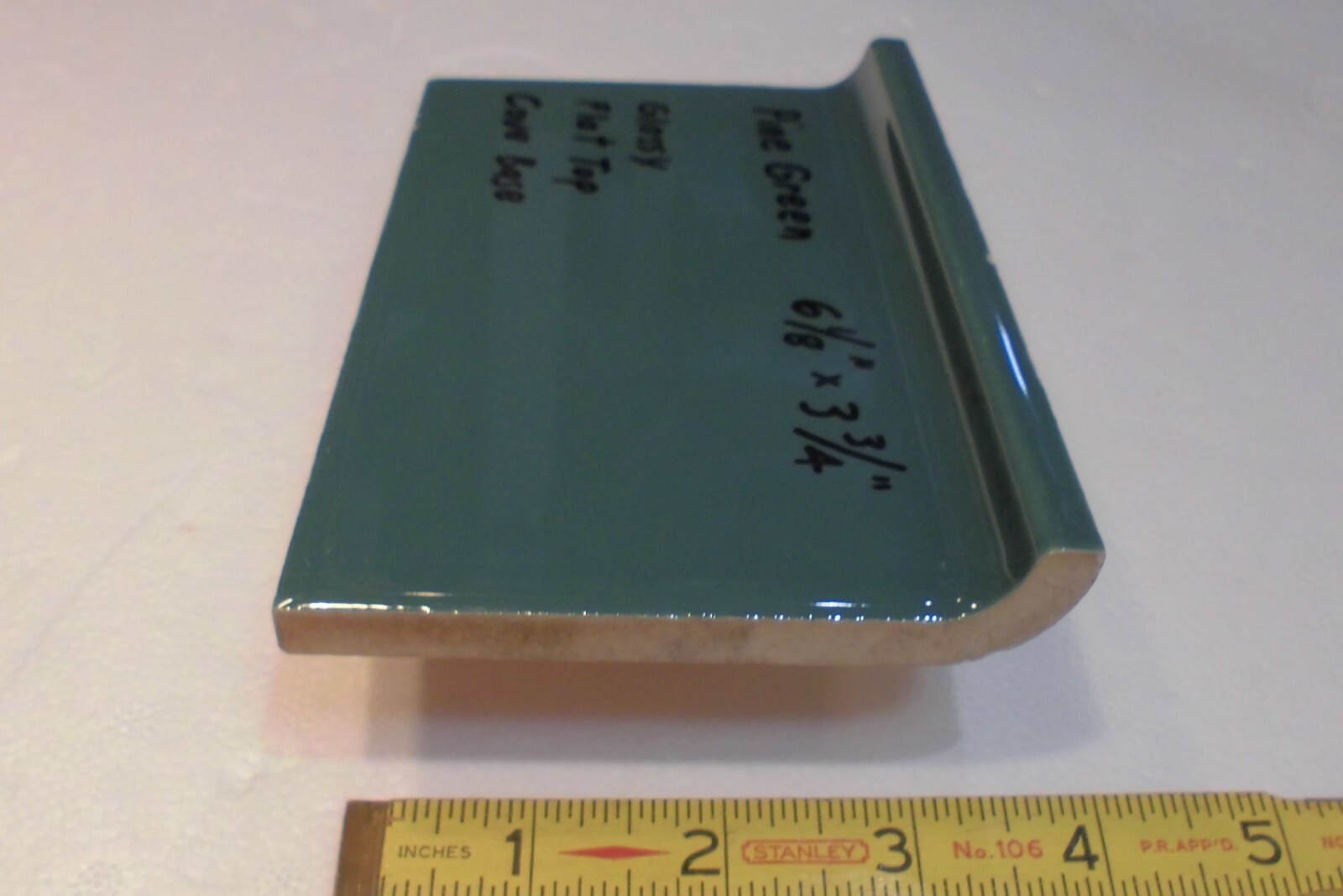1 pc. Pine Green: 3-3/4″ X 6-1/8″ Ceramic Cove Base Tile, Stack-on-Top, Flat Top