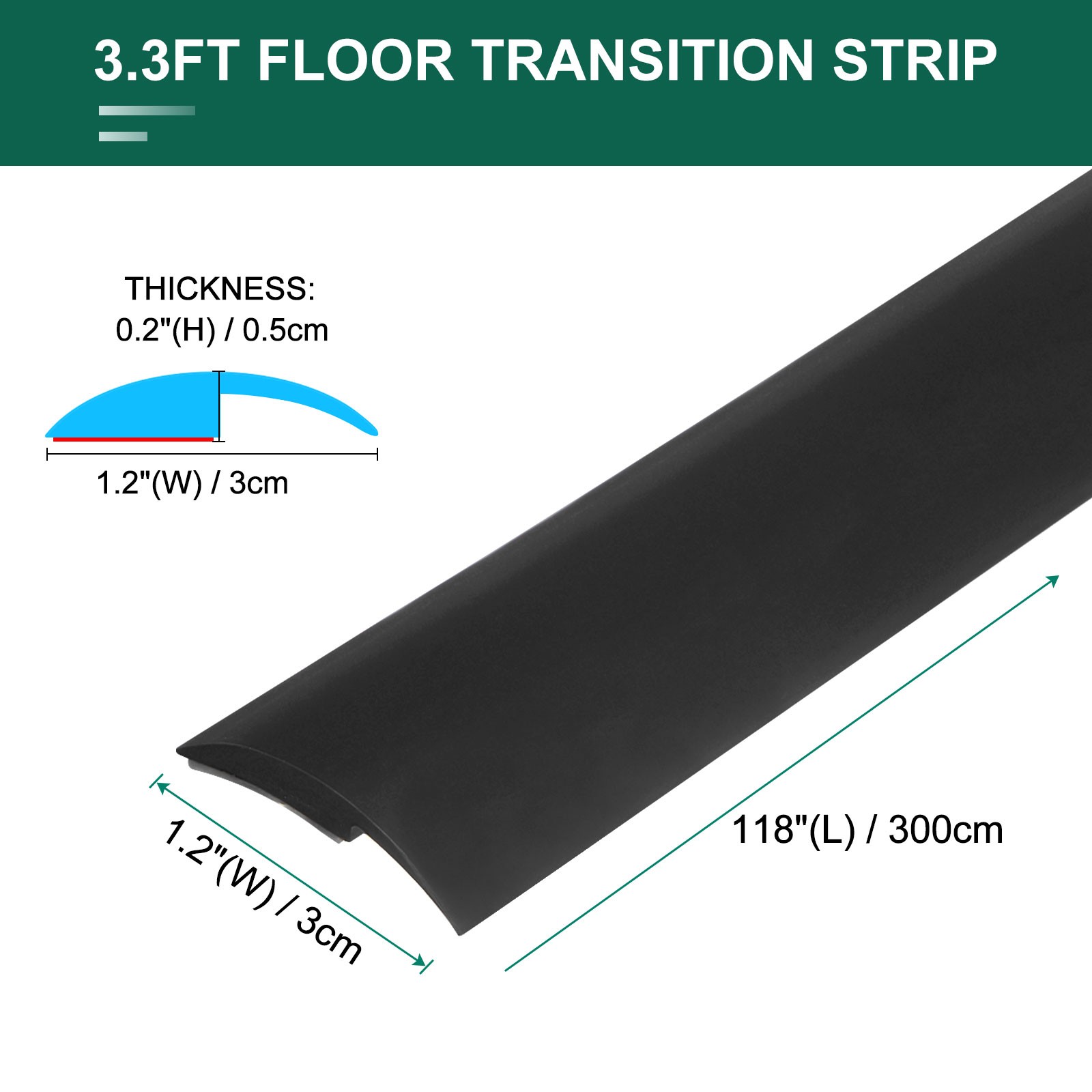 9.84ft PVC Floor Transition Strip Self Adhesive Backing Carpet to Tile Black