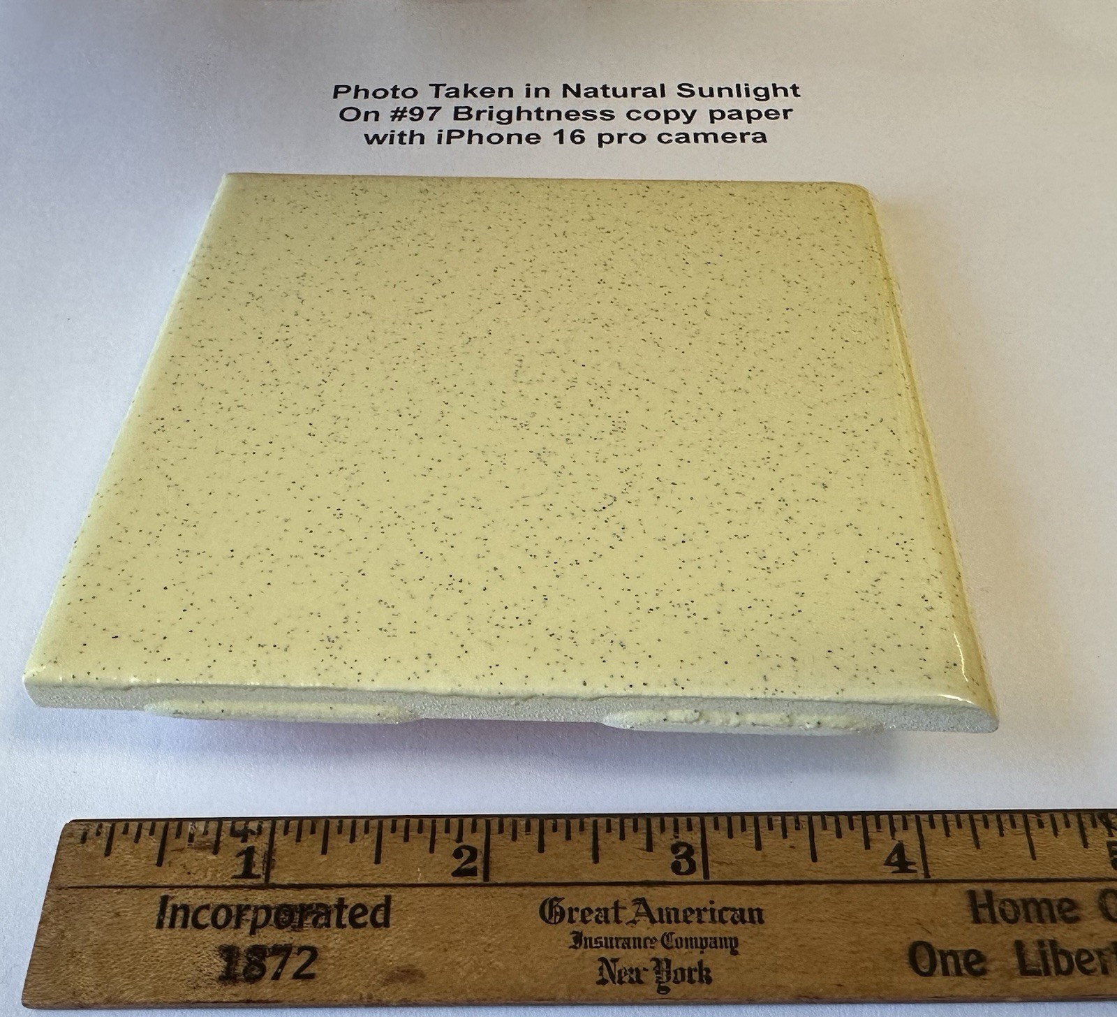 1 pc. Speckled Yellow Color: 4-1/4″ Glossy Ceramic Bullnose Tile, by Oxford Co.