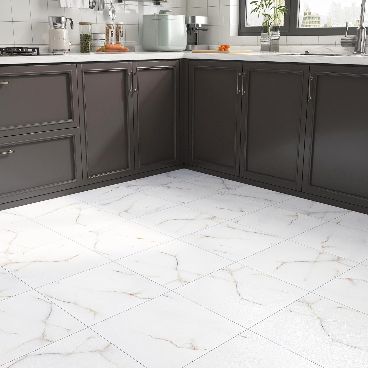 30 Pcs Peel and Stick Marble Look Vinyl Floor Tiles for Kitchen & Bathroom