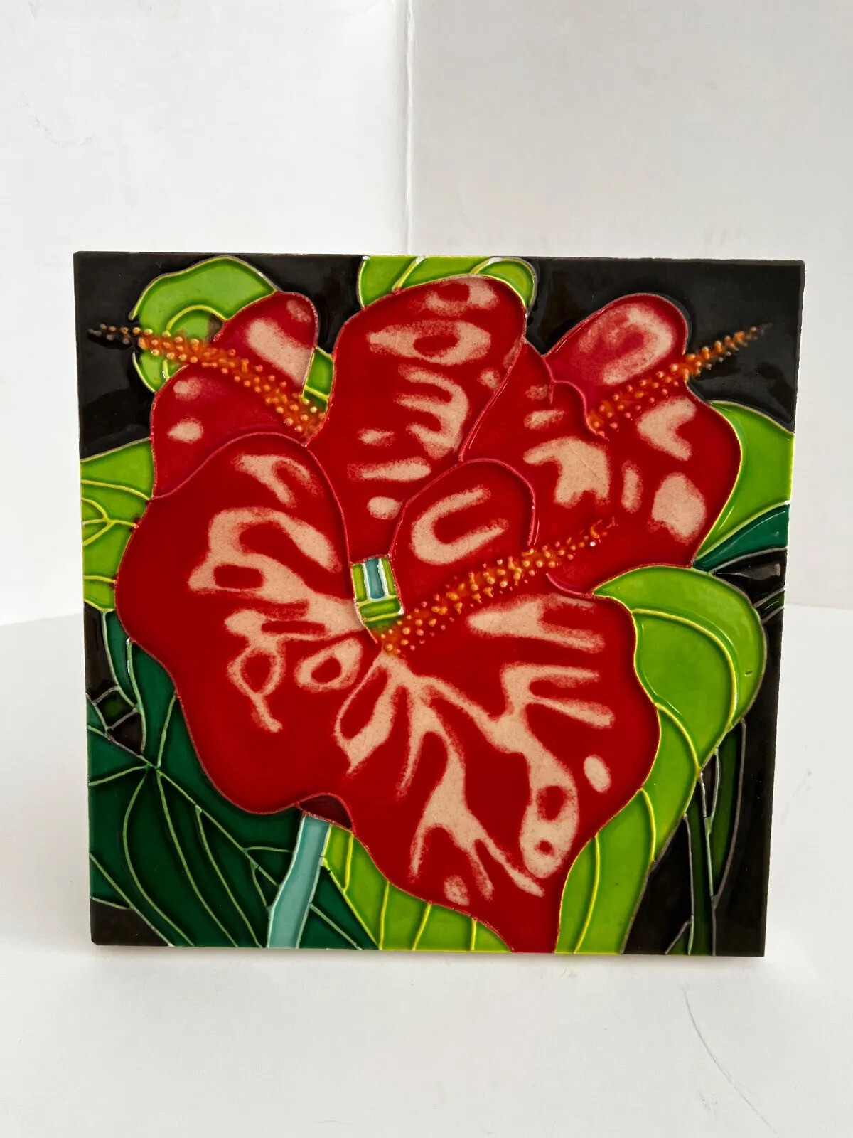 Decorative Ceramic Art Tile Trivet Wall Plaque 8 x 8 Inch Tropical Flower