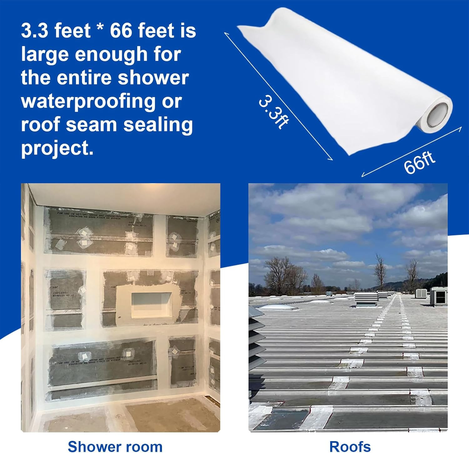 Waterproof Membrane Fabric 3.3ft x 66ft for Showers, Roofs, and Joints