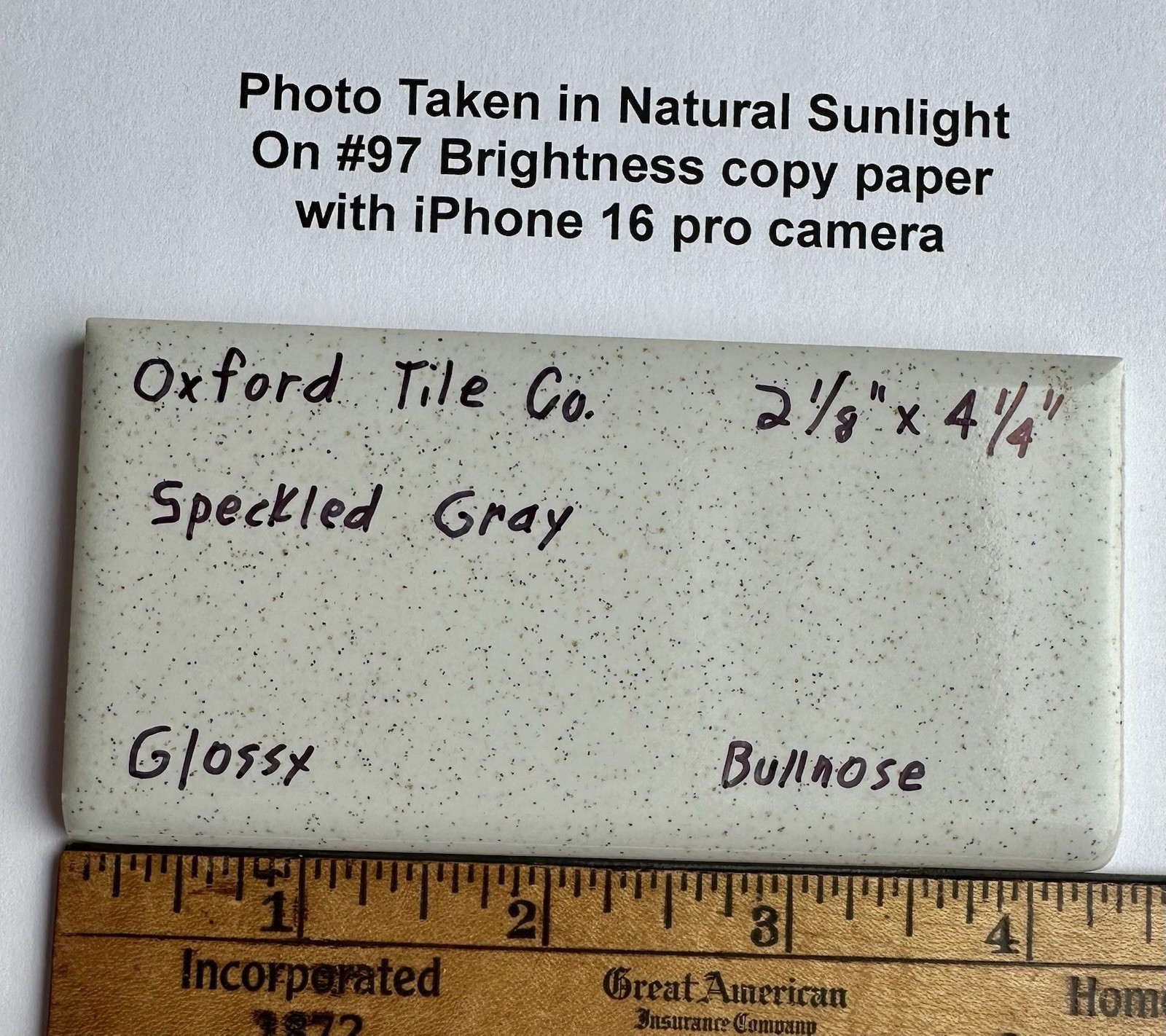 1 pc. Speckled Gray: 2-1/8″ X 4-1/4″ Glossy Bullnose Ceramic Tile by Oxford Co.