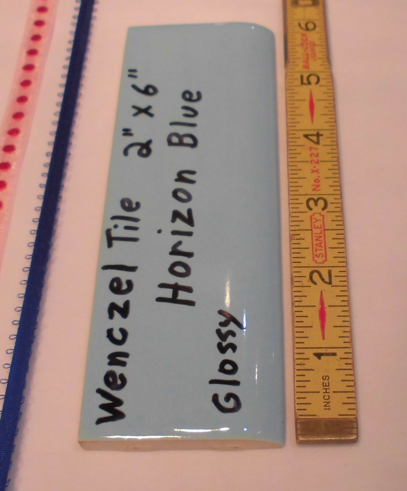 1 pc. Glossy *Horizon Blue* 2” X 6” Bullnose Ceramic Tile by Wenczel Co. NOS