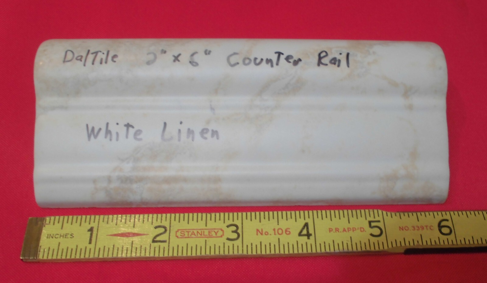 1 pc. Daltile: White Linen + Brown: V Cap Ceramic Trim Tile: Countertop-Edging