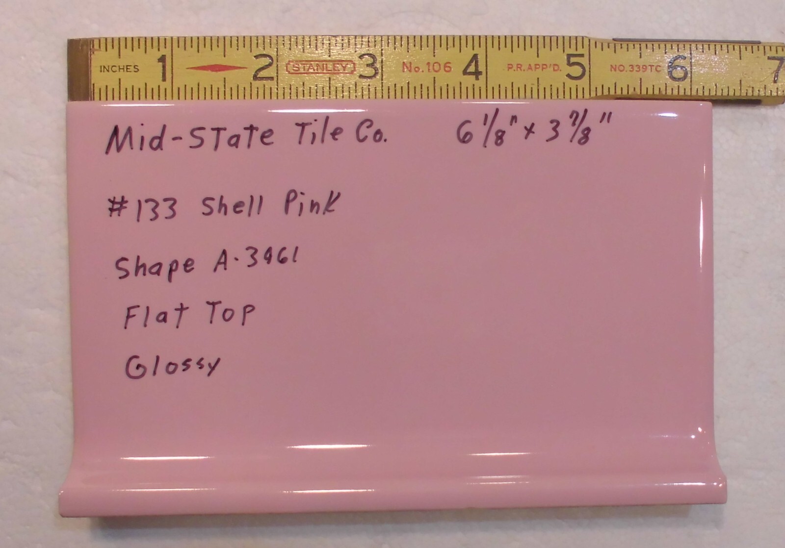 1 pc. Shell Pink: 4” X 6” Glossy Ceramic Cove Base Tile by Mid-State: Flat Top