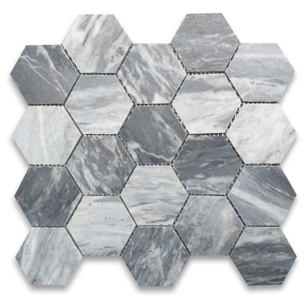 K33XH Bardiglio Gray Dark Grey Marble 3 inch Hexagon Mosaic Tile Honed