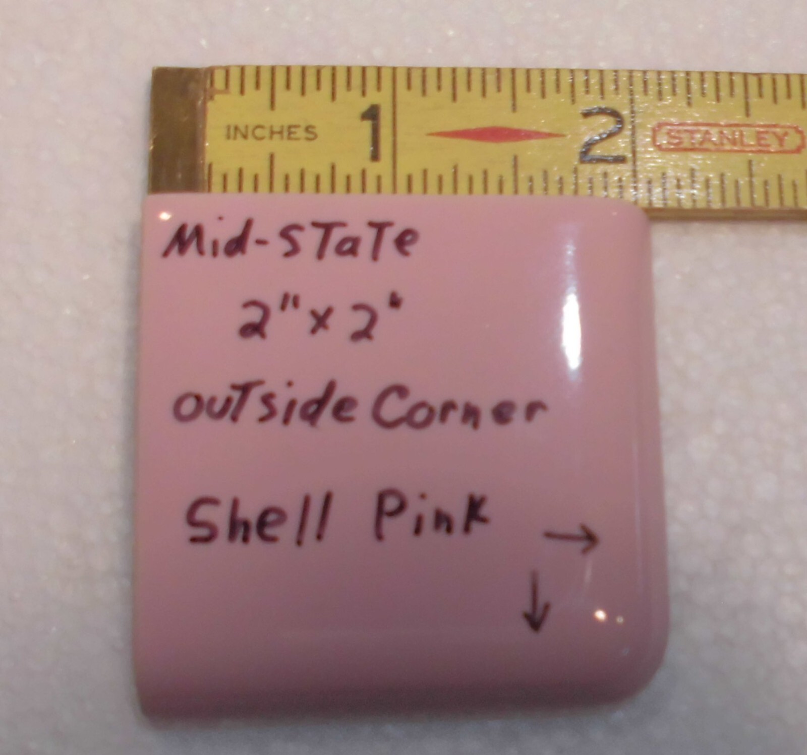 1 pc. Shell Pink: 2″ X 2″ X 5/16″ Glossy Ceramic Surface Bullnose Corner Tile