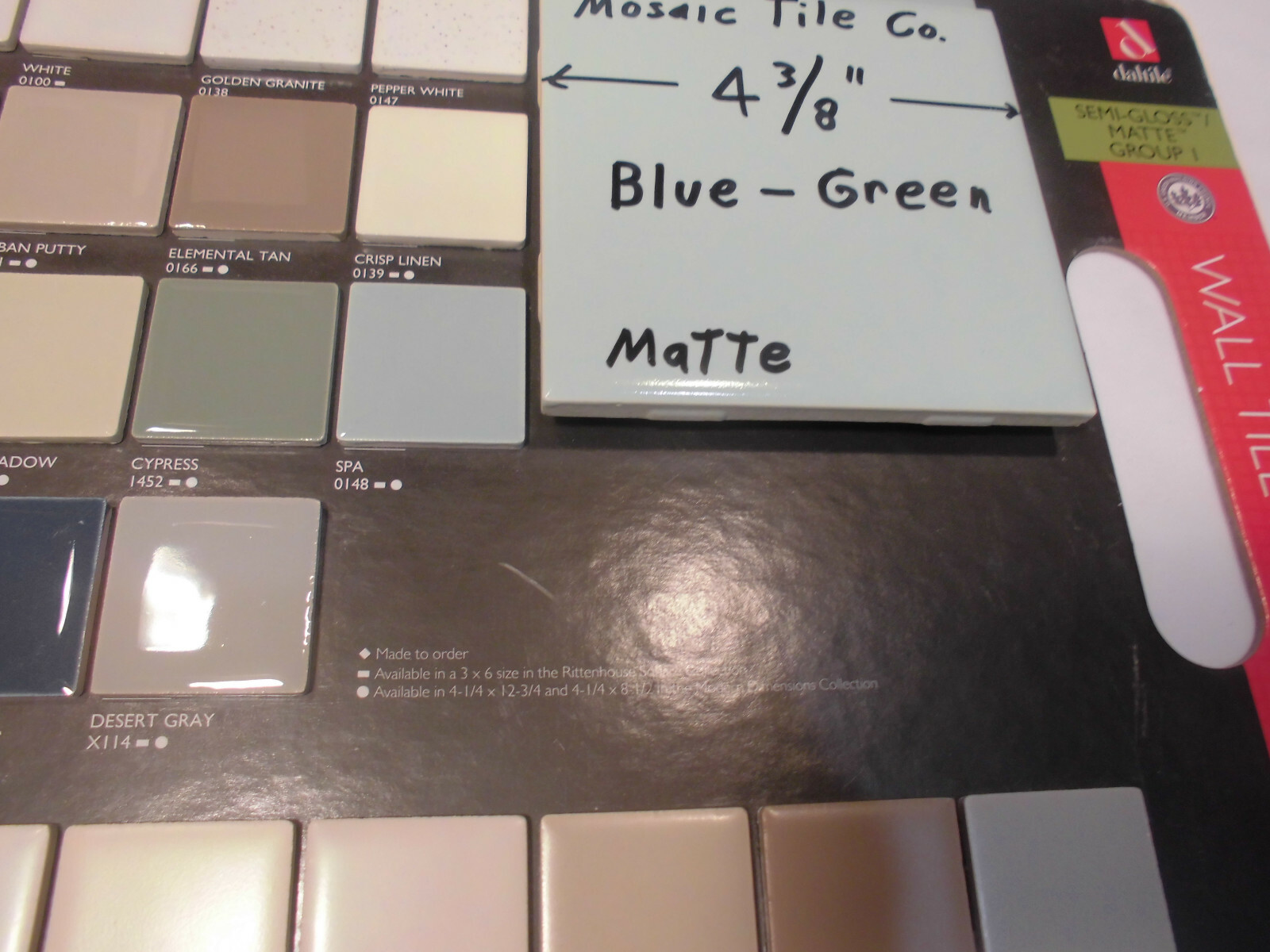 1 pc. Vintage *Blue-Green* Matte Ceramic Tile 4-3/8″…by The Mosaic Co. (NOS)