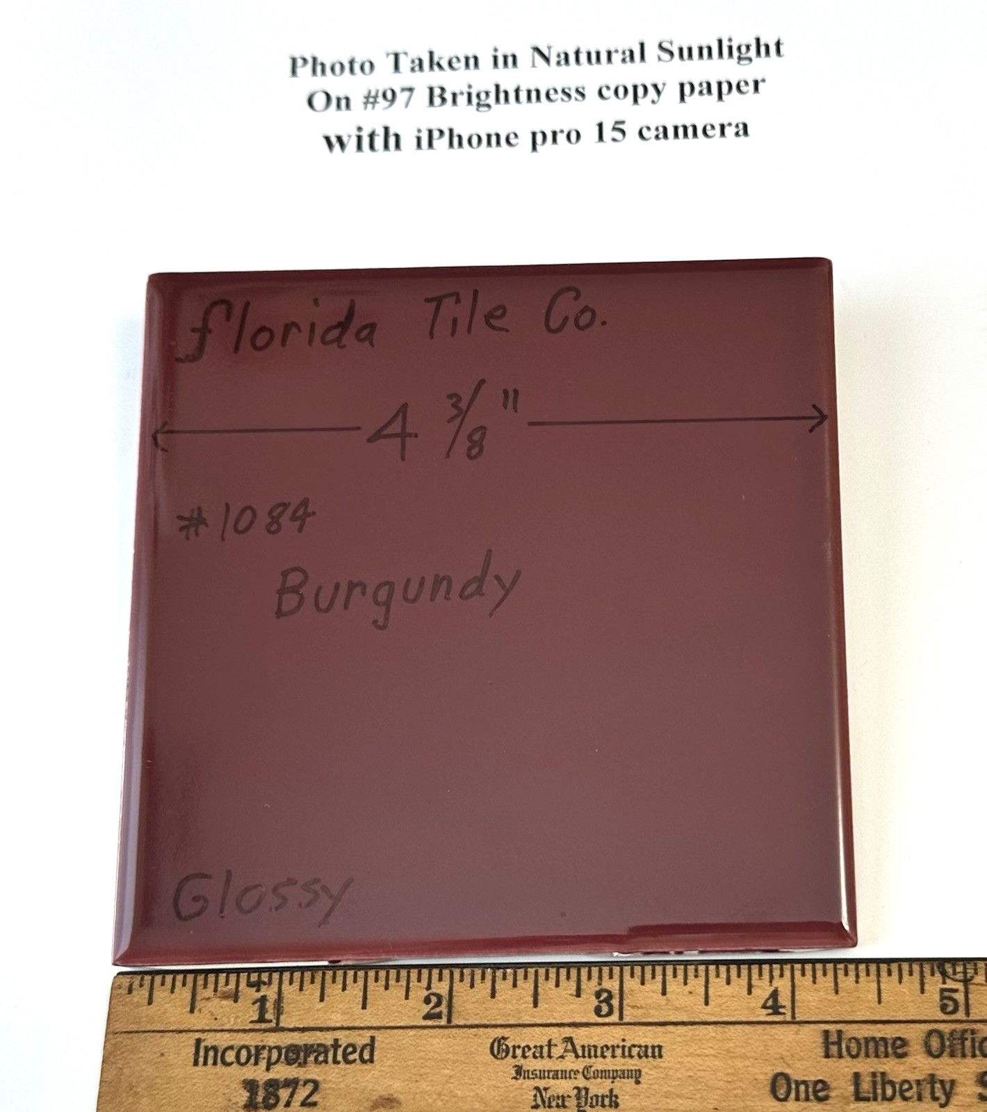 1 pc. Burgundy: 4-3/8″ Glossy Ceramic Tile by Florida Co. #1084, New Old Stock