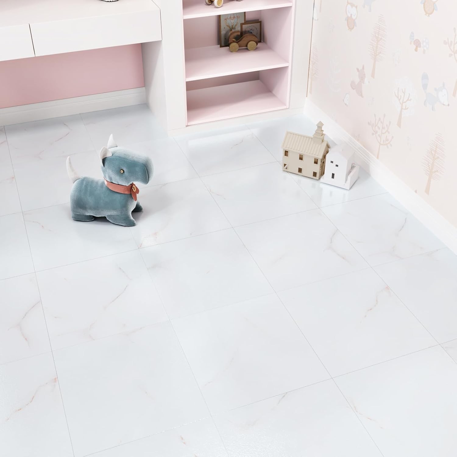 White/Red Peel and Stick Floor Tile Waterproof White Marble Floor Tiles for