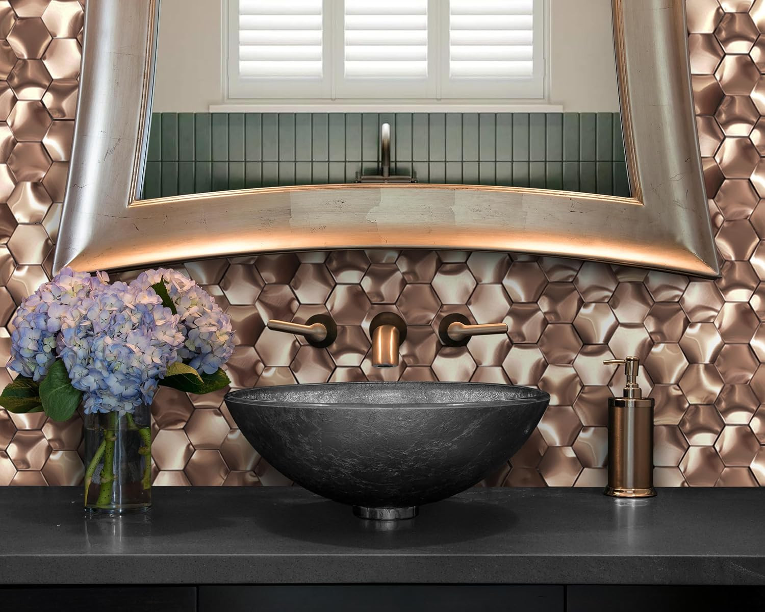 Hexagon 3D Wall Panels Bathroom Backsplash Tile Copper Metal Wall Mosaic Tiles [