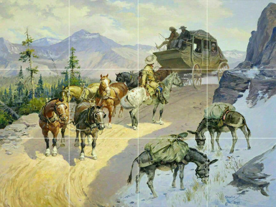 Eldorado Stagecoach country Western Cowboys dye ceramic tile mural backsplash