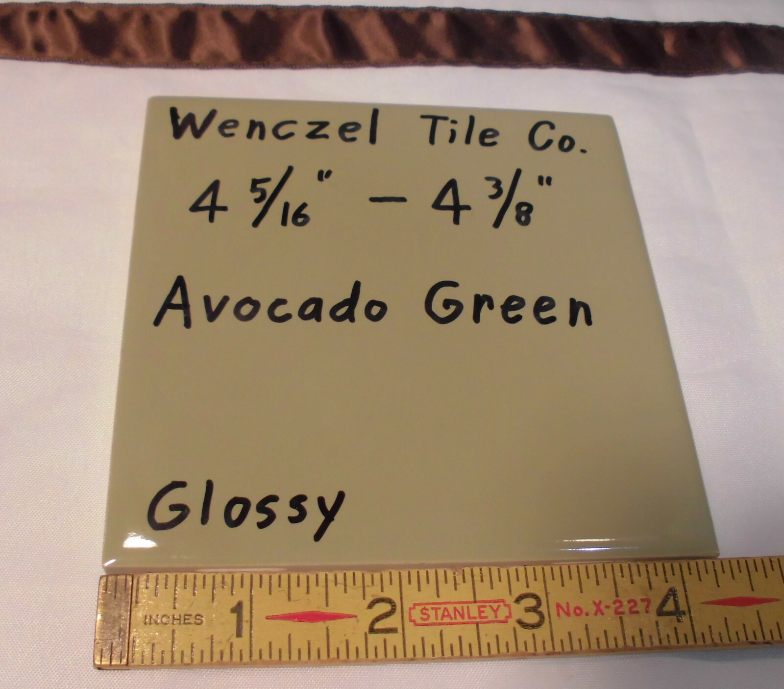 1 pc. *Avocado-Olive-Green* Glossy Ceramic Tile; Wenczel Co. 4-5/16″- 4-3/8″