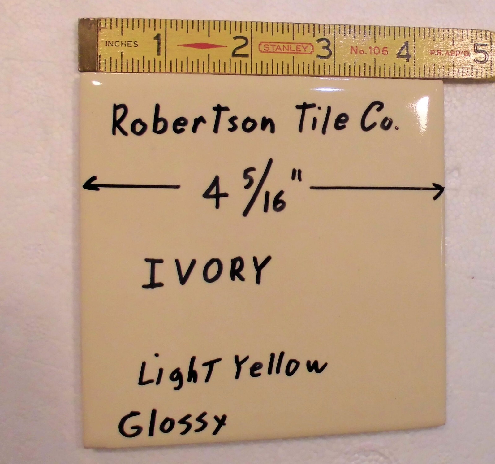 1 pc. Ivory – Light Yellow: 4-5/16″ Glossy Ceramic Tile by Robertson Co. NEW
