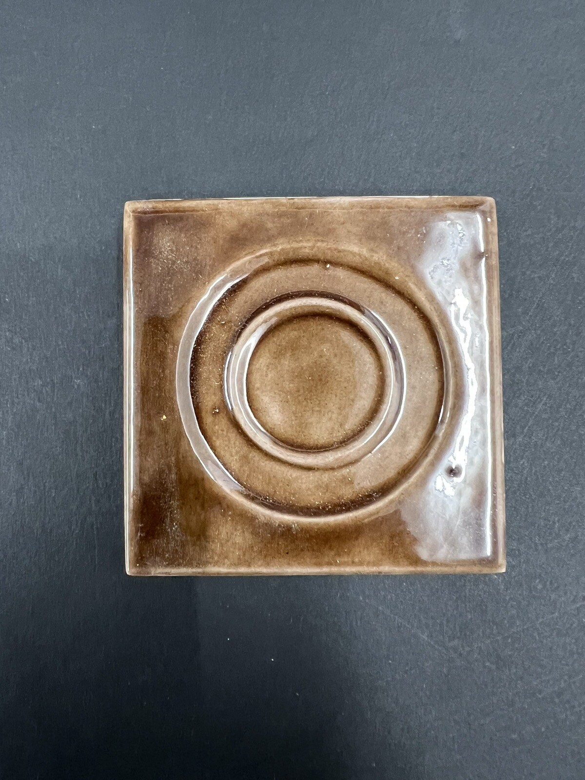 4 – Vintage Brown Ceramic Tile 2 7/8” Square 3/8” Thick Recessed Circles