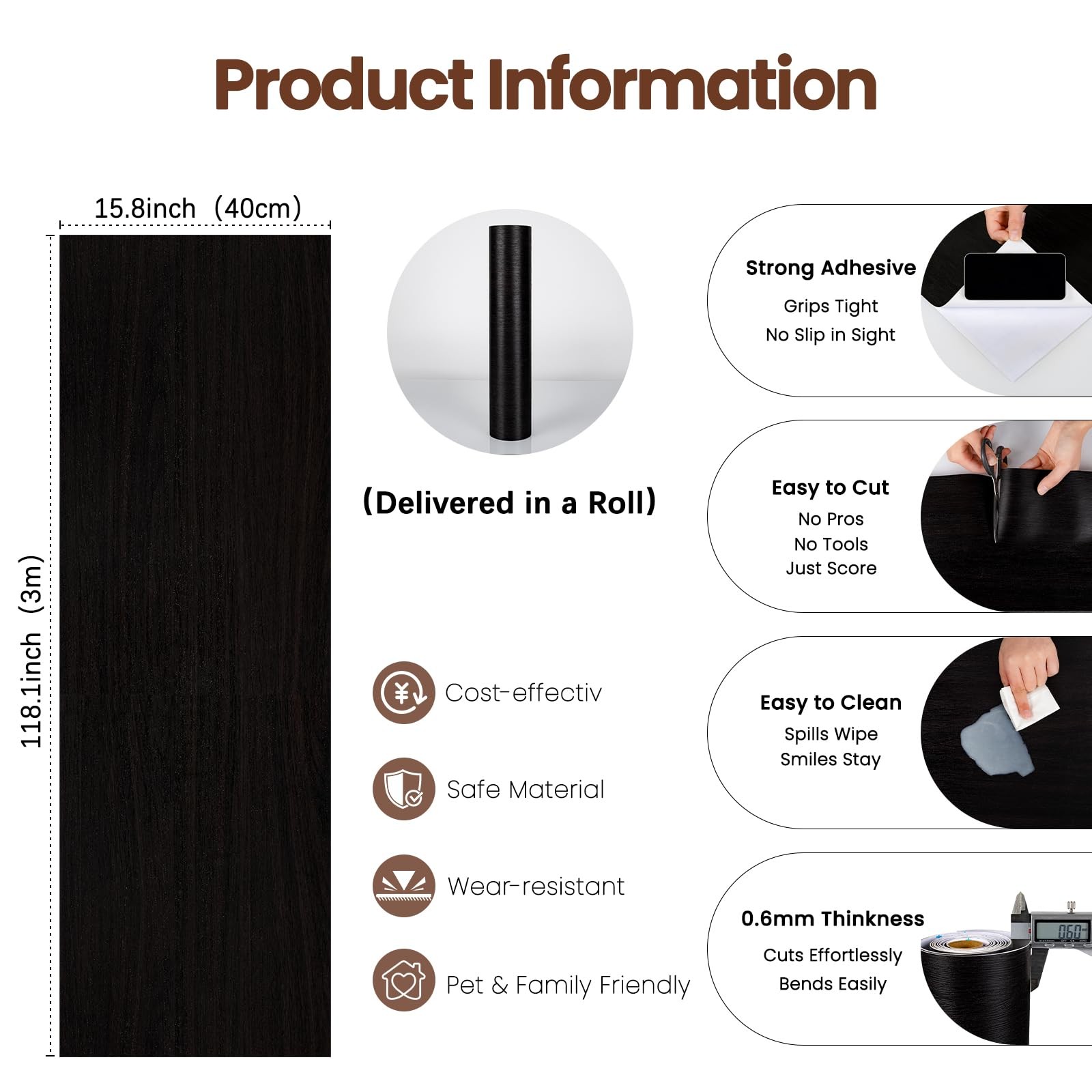 Peel and Stick Floor Tile-Wood Vinyl Flooring Roll Waterproof for Kitchen and…