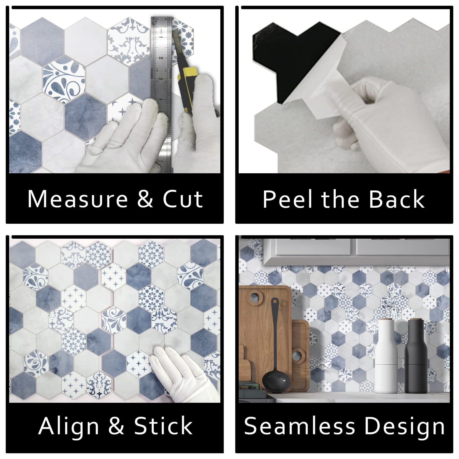 10-Sheet Peel and Stick Backsplash, Blue Cement Hexagon Stone Composite Marbl…