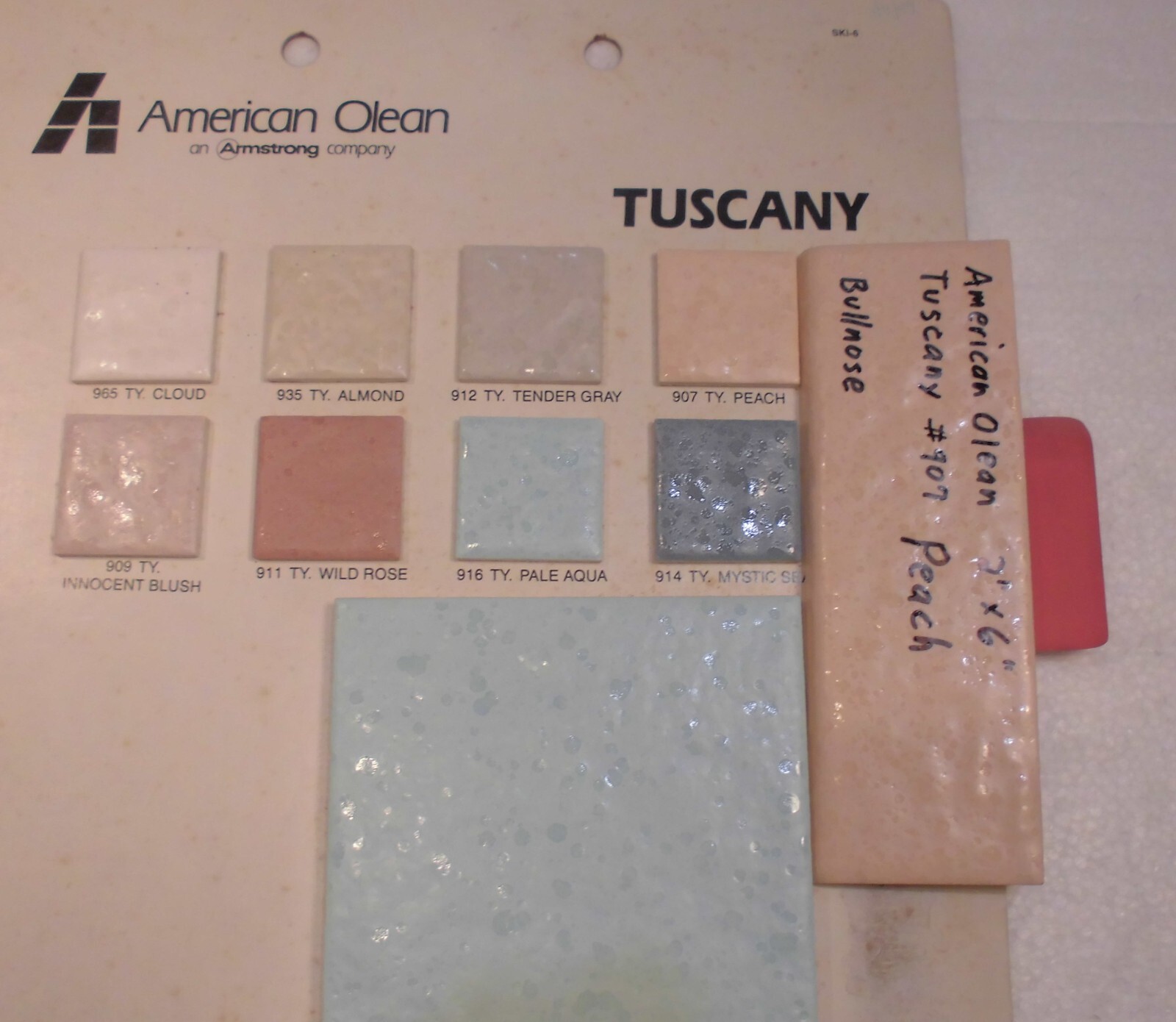 1 pc. Ceramic Bullnose Tile: 2” X 6″ Tuscany Peach #907 by American Olean: NEW