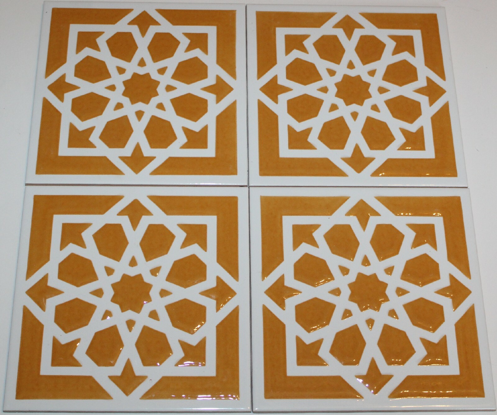 4 8″x8″ Iznik Raised Mustard & White Geometric Pattern Ceramic Tile