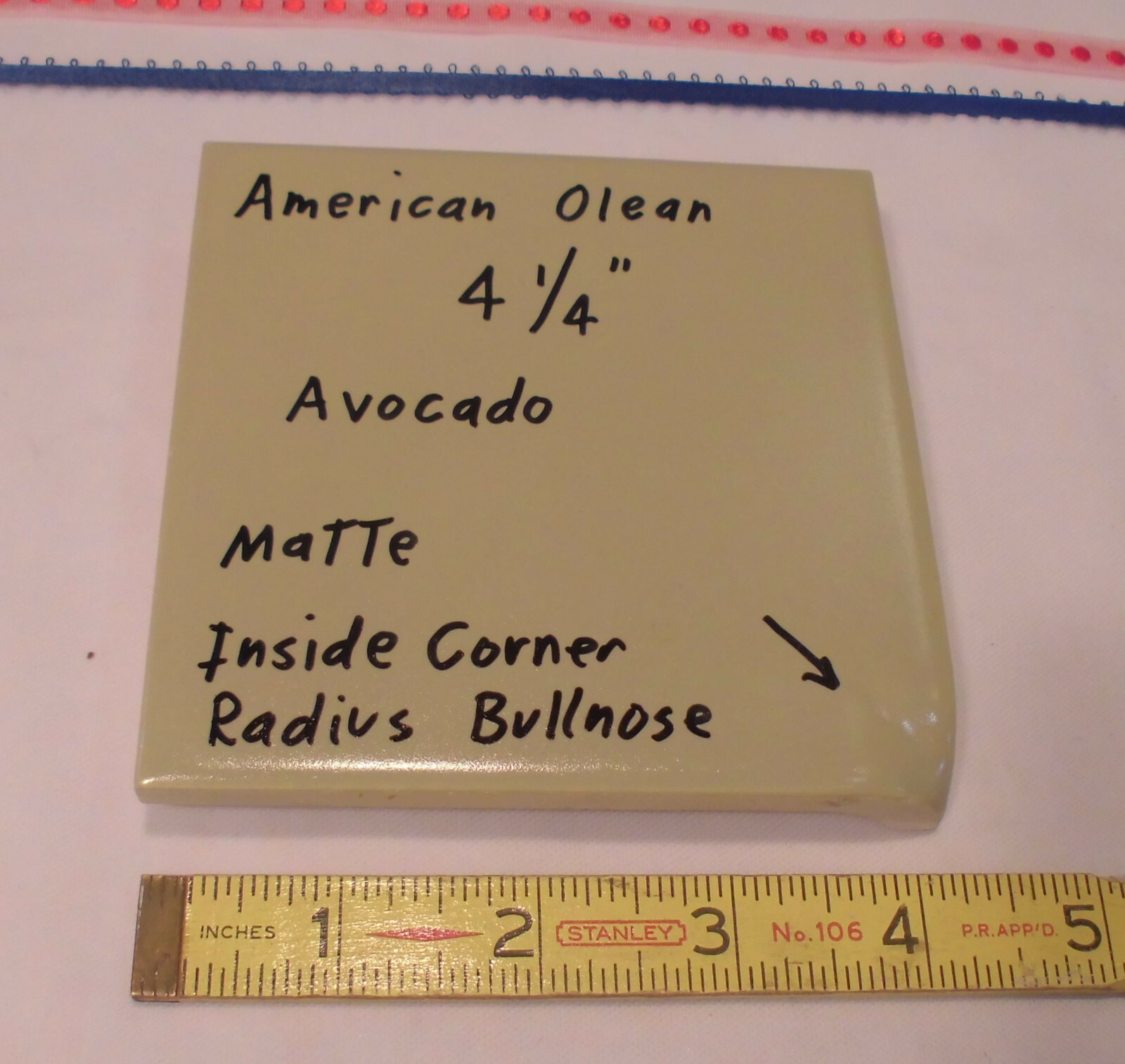 Avocado Green: Matte Radius Inside Corner Bullnose Ceramic Tile 4-1/4″ A.O.