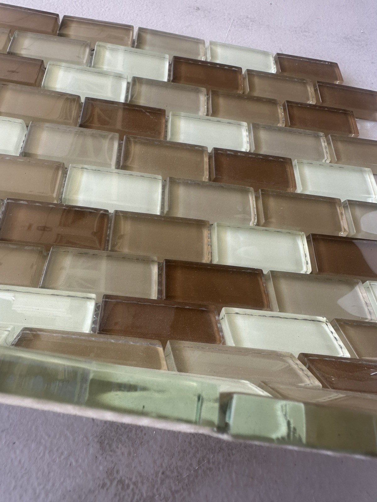 Light Beige 1×2 inch Mix Glossy Glass Mosaic Offset Mesh Mounted