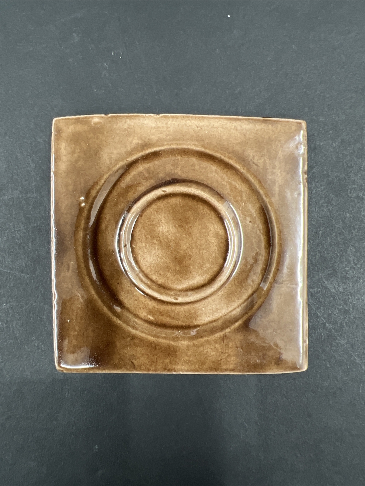 4 – Vintage Brown Ceramic Tile 2 7/8” Square 3/8” Thick Recessed Circles