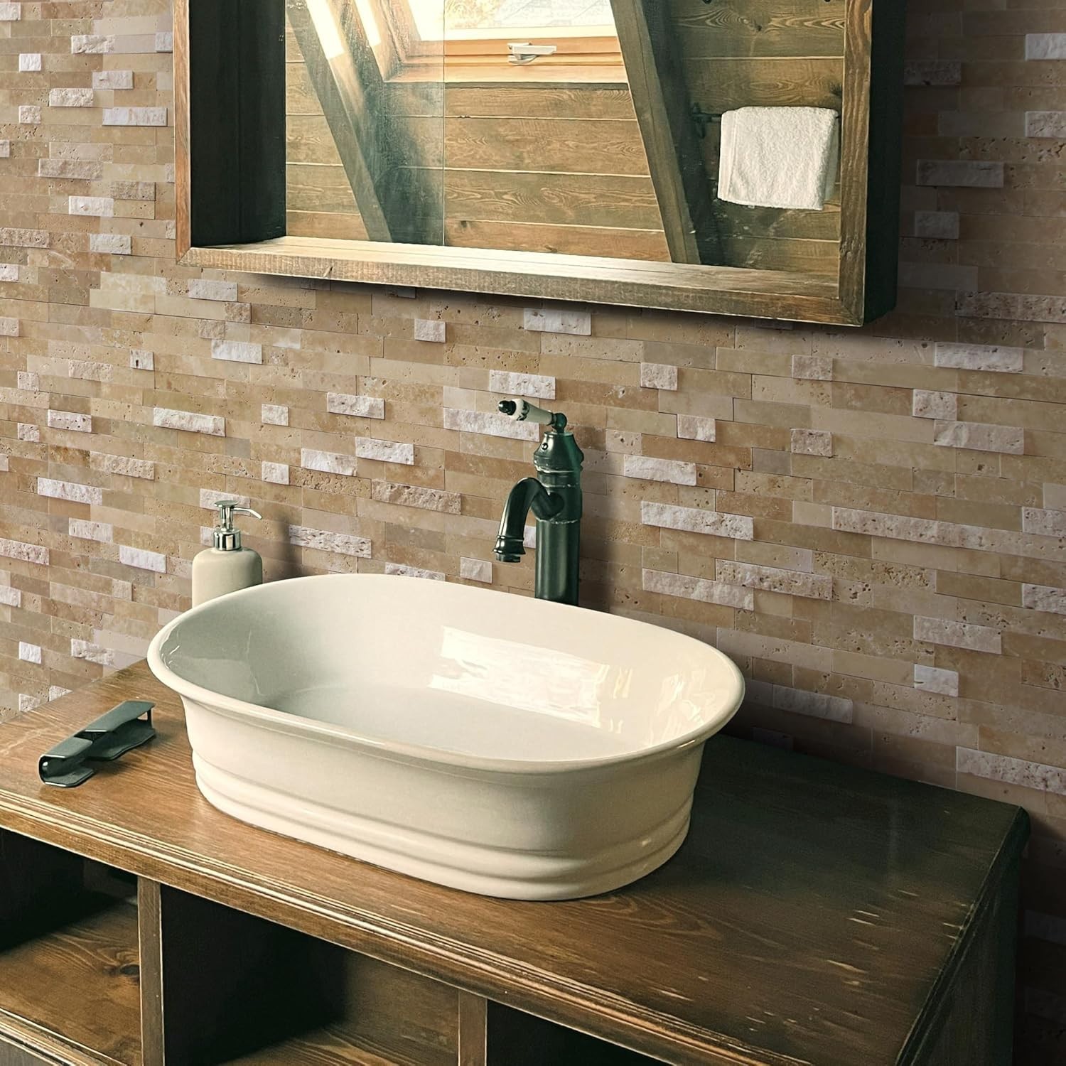 Natural Stone Mosaic Tiles Peel Stick 3D Beige Kitchen Backsplash Heat Resistant