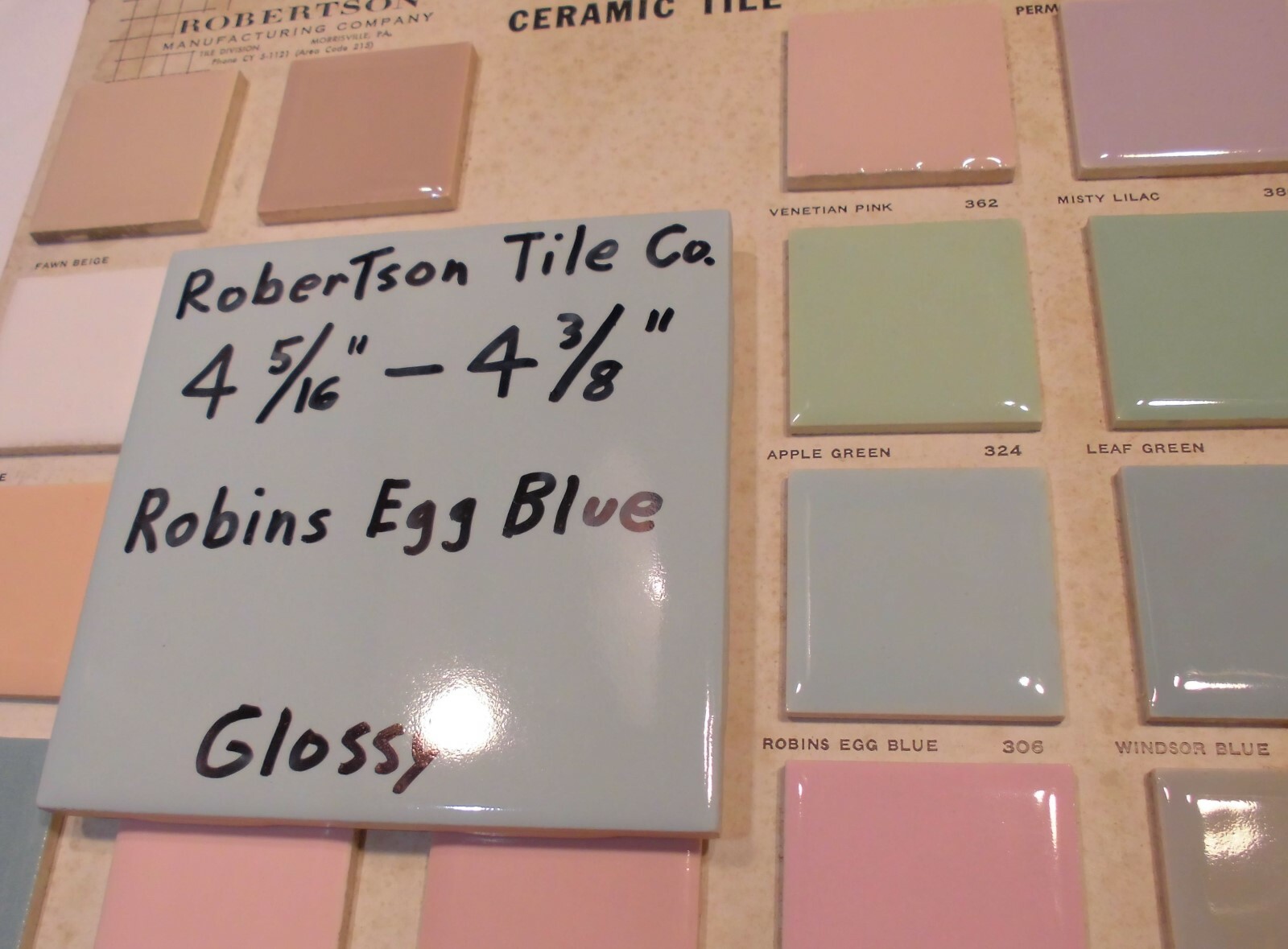 1 pc. Vintage Ceramic Tile *Robins Egg Blue* 4-5/16″- 4-3/8″ Robertson Co. NOS