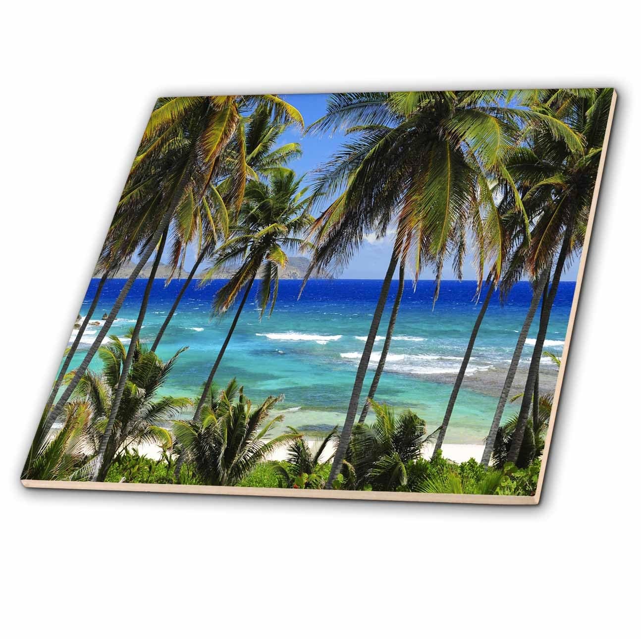 3dRose Tropical Palm Trees Blue Ocean Day Scene Ceramic Tile 12
