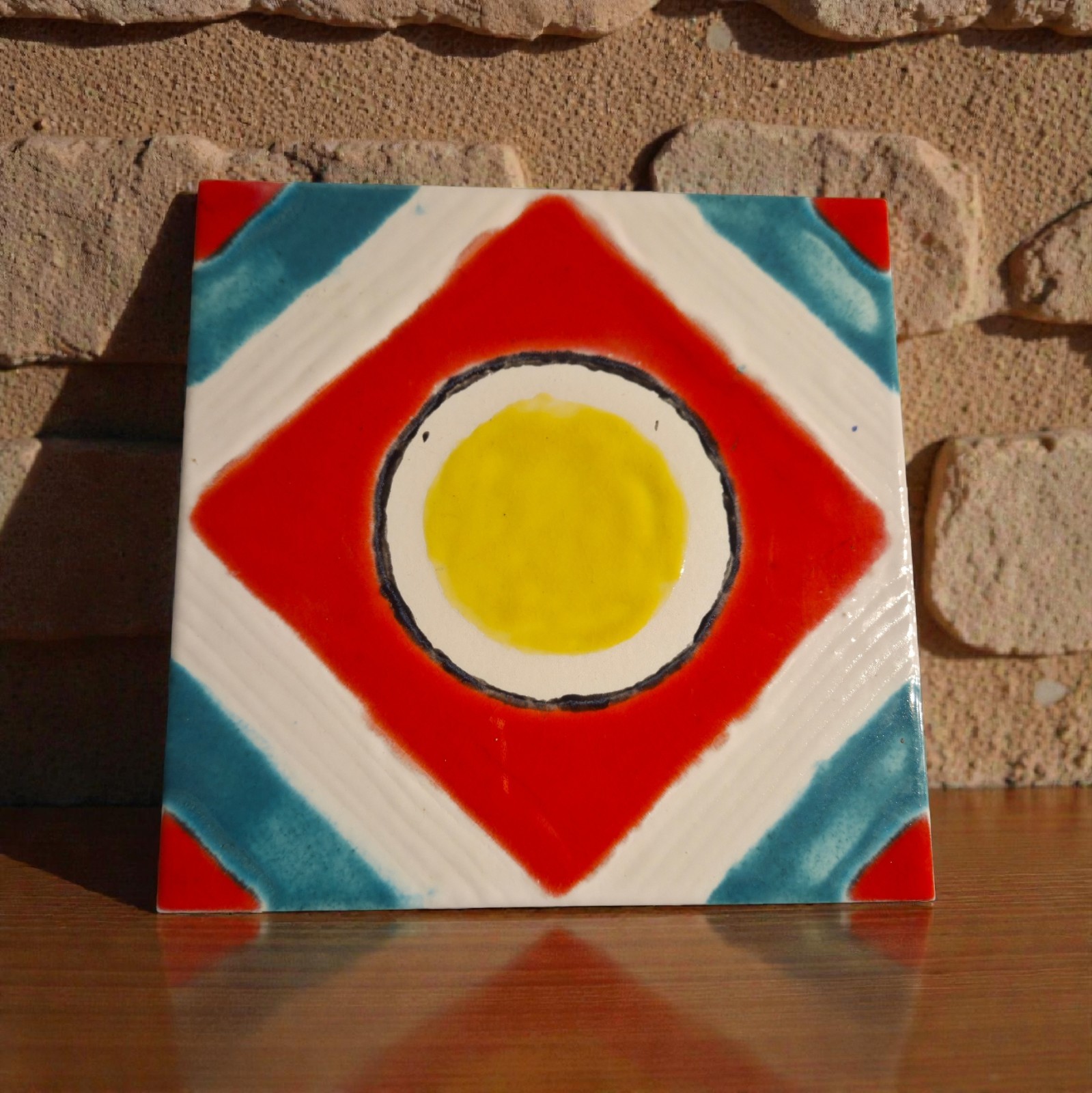 Decorative Ceramic Tile8x8Wall Art Trivet Abstract Design Yellow Red Turquoise