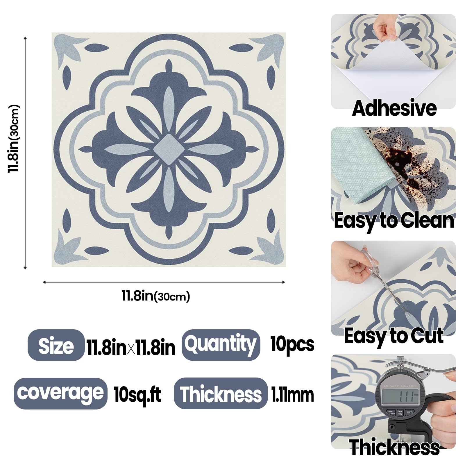 10 PCS 11.8×11.8 Inch Peel Stick Vinyl Floor Tile Waterproof Adhesive Blue