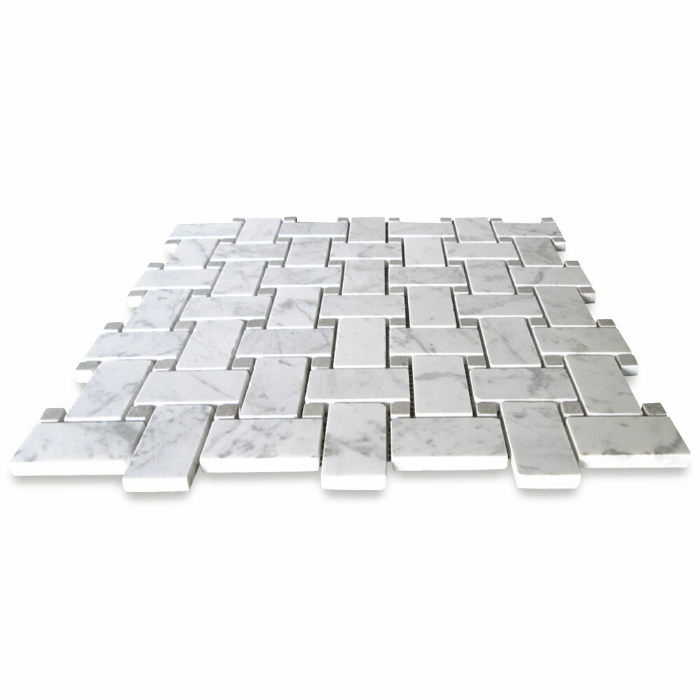 C653XH Carrara White Marble 1×2 Basketweave Mosaic Tile Gray Dots Honed