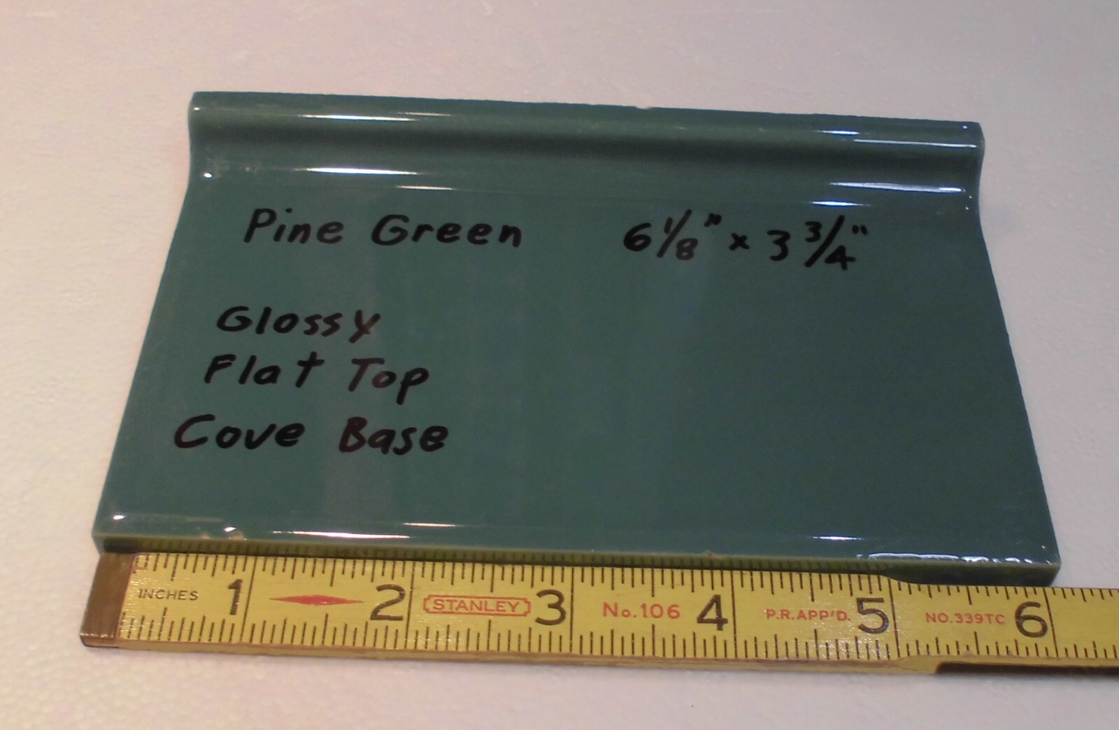 1 pc. Pine Green: 3-3/4″ X 6-1/8″ Ceramic Cove Base Tile, Stack-on-Top, Flat Top