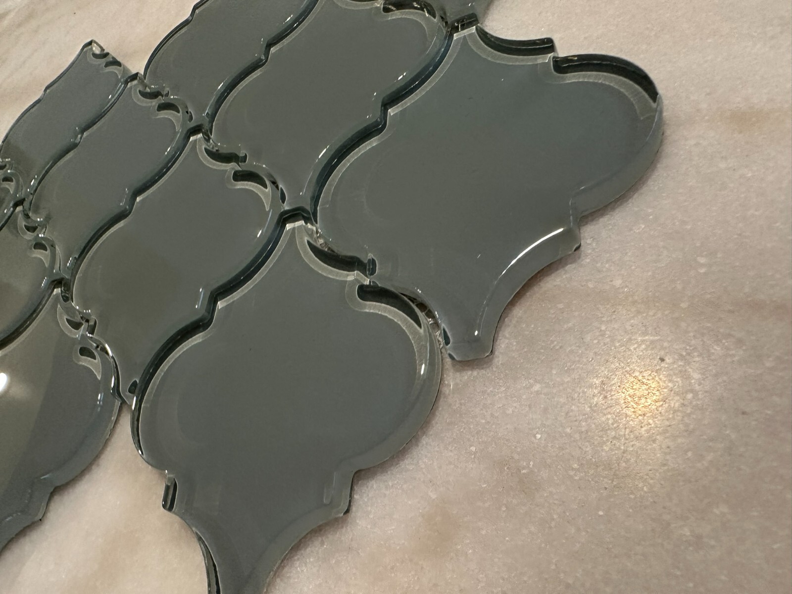 Gray Arabesque Glossy Glass Mosaic 9″x13″ Offset