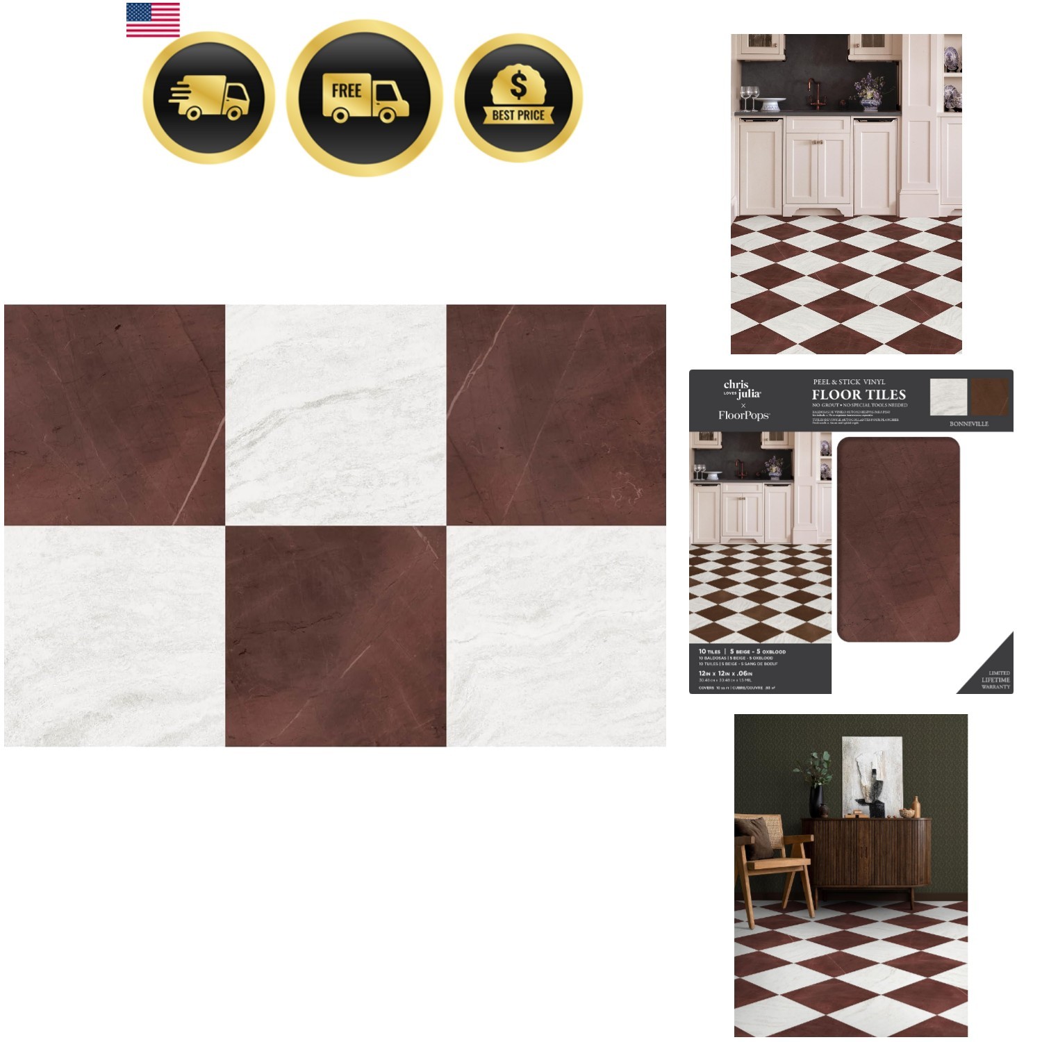 x Chris Loves Julia Bonneville Oxblood Peel and Stick Floor Tiles, FP6333