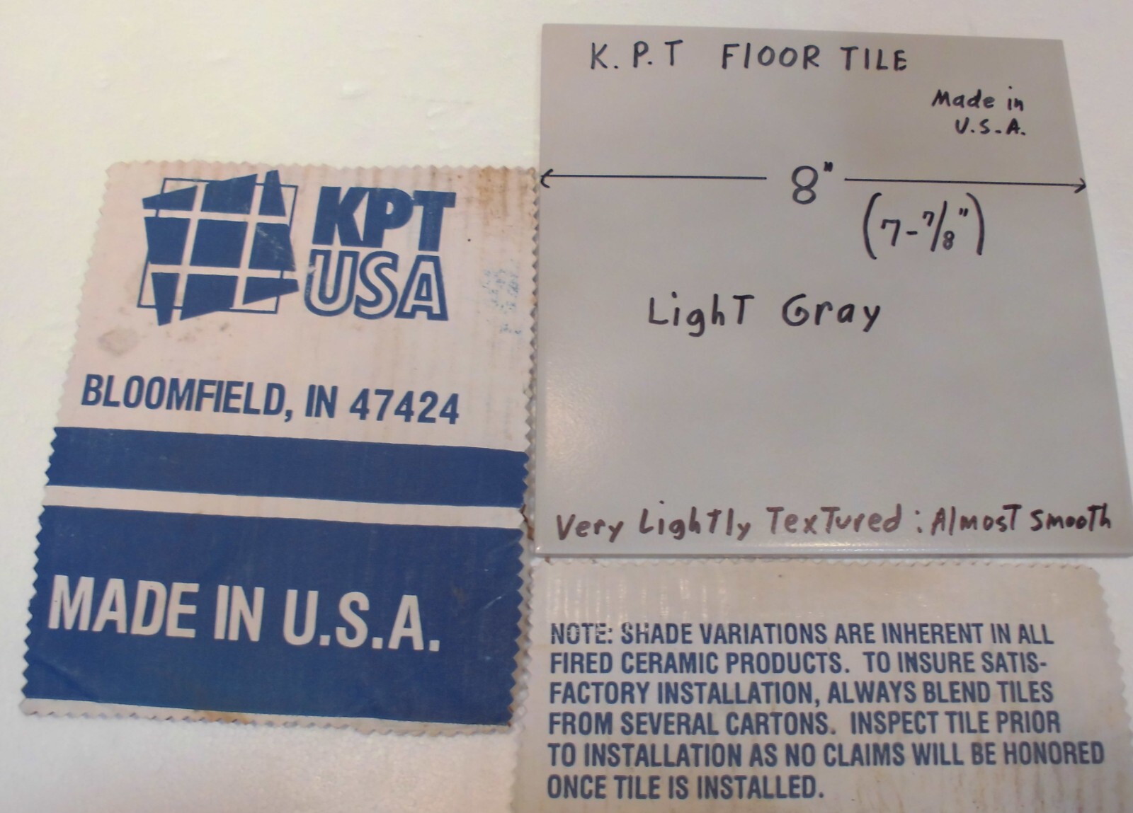 1 pc. Light Gray Ceramic Floor Tile: 8″ X 8″ Smooth, Made USA by K.P.T. NEW