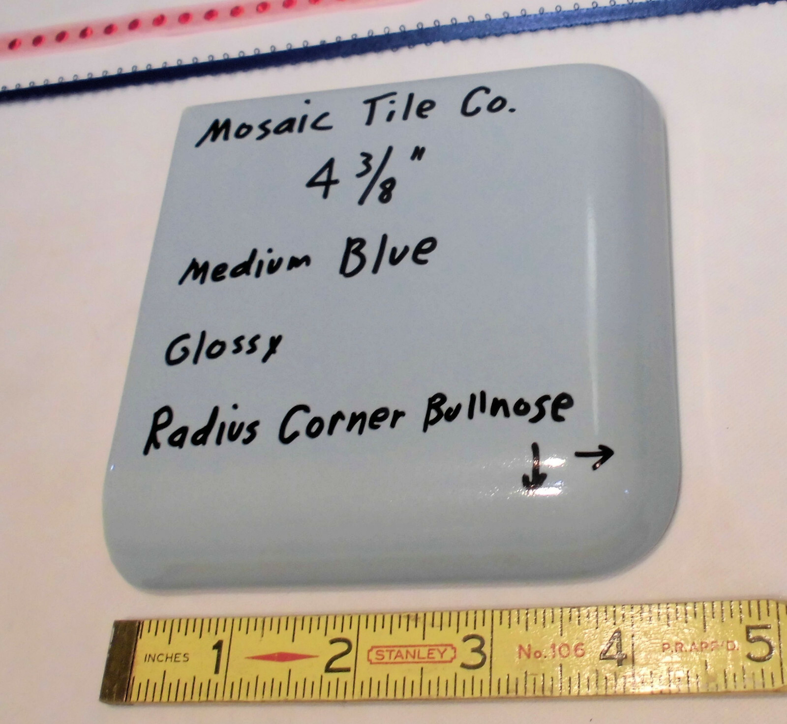 1 pc. Medium Blue – Gray; Radius Corner Bullnose Ceramic 4-3/8″ Glossy; Mosaic