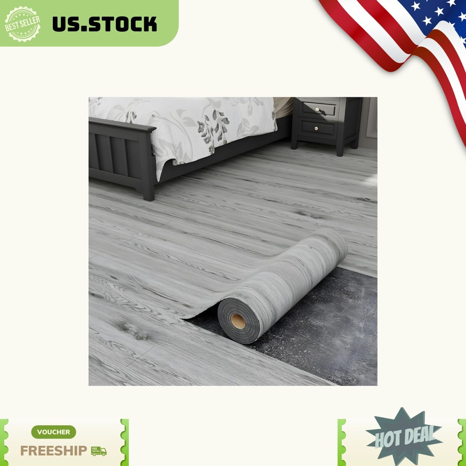 Peel & Stick Vinyl Flooring Roll 23x393in 64 SqFt Grey Wood Waterproof Self