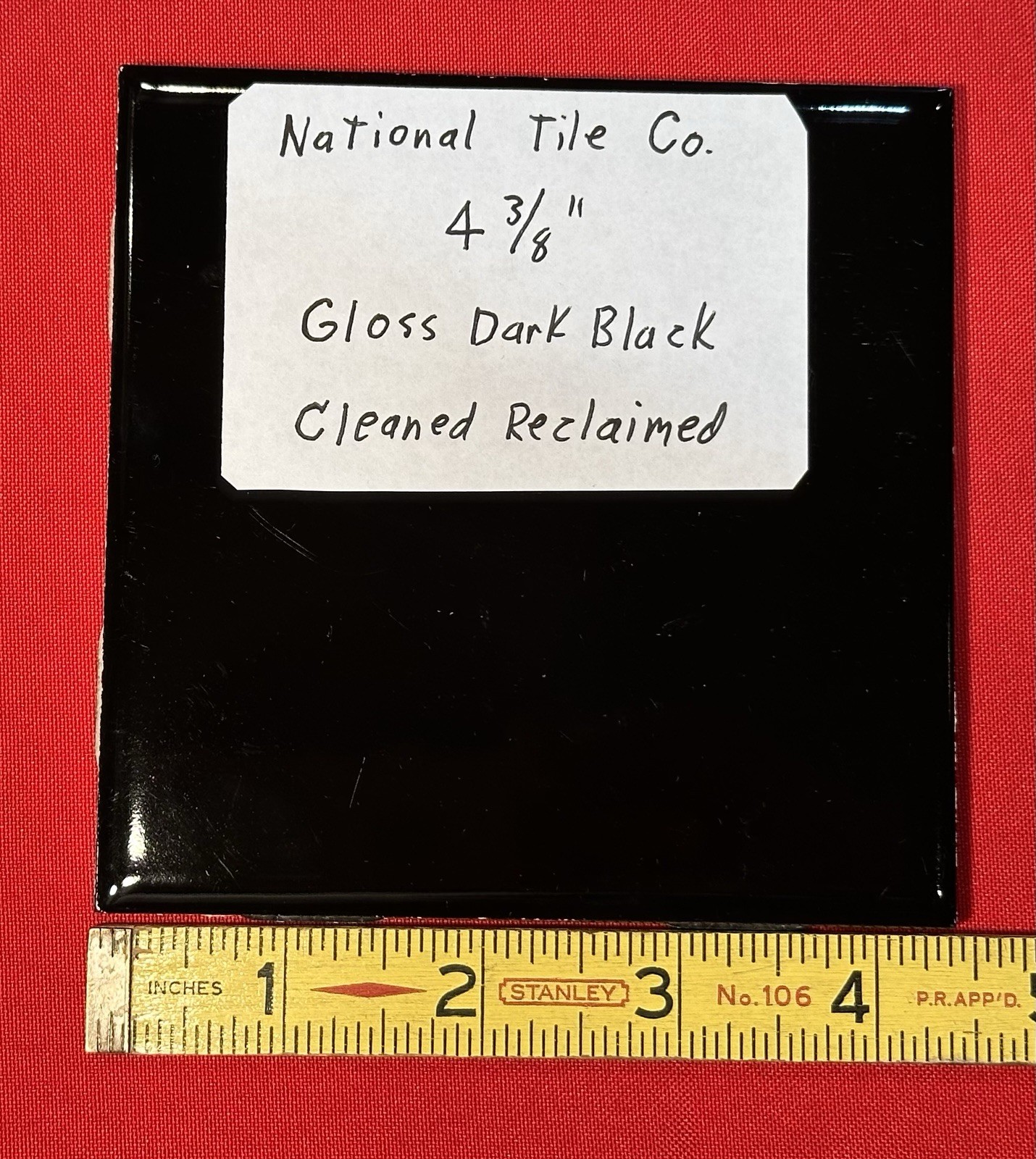 1 pc. Gloss Black: Reclaimed Ceramic Tile 4-3/8″ National Tile Co. Cleaned