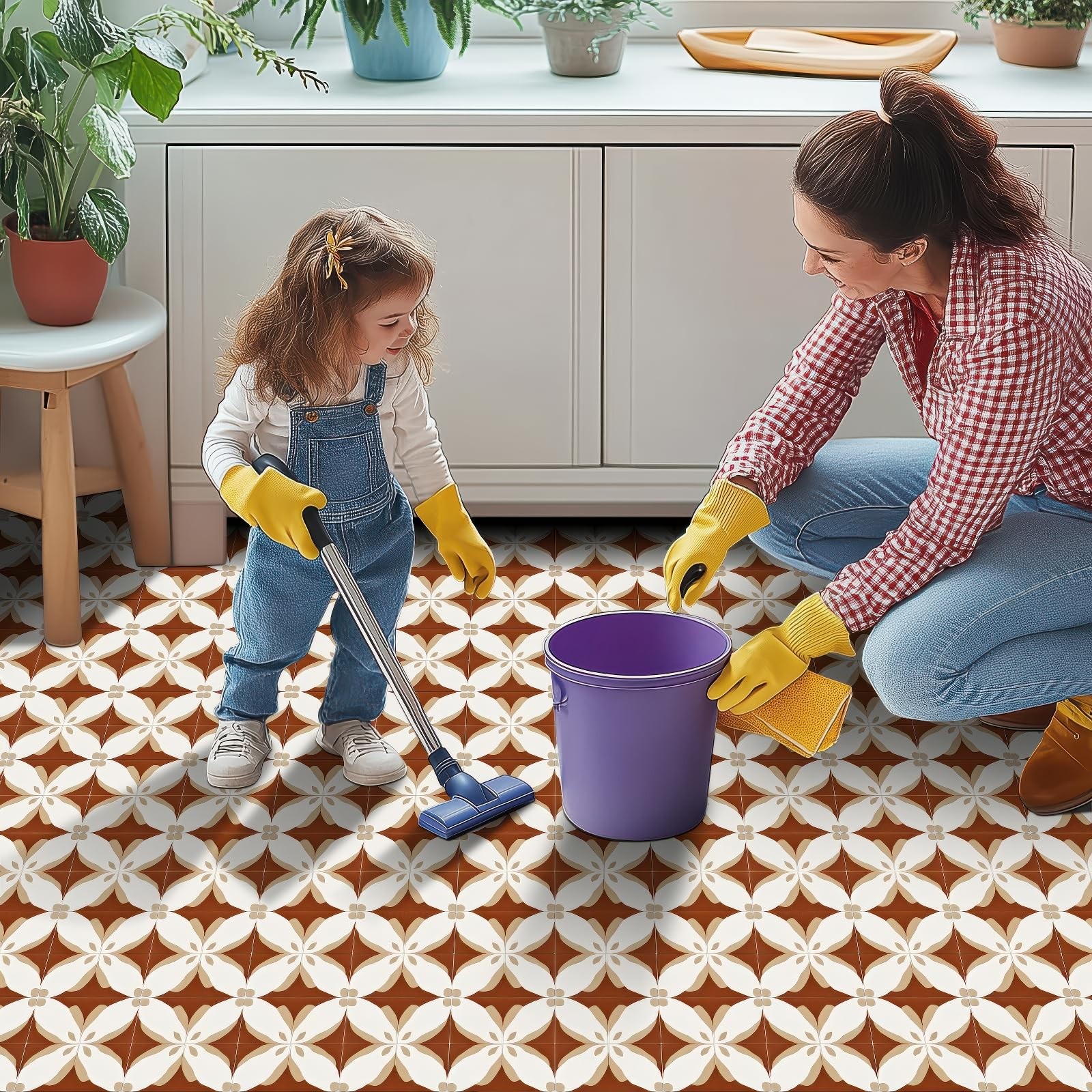White Beige Brown Petal Pattern Floor 12×12 Vinyl Tile