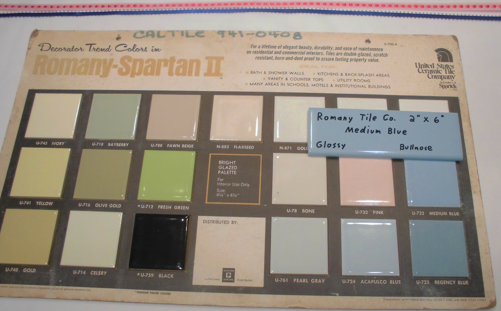 1 pc. *Medium Blue* 2” X 6” Glossy Surface Bullnose Ceramic Tile: New Old Stock