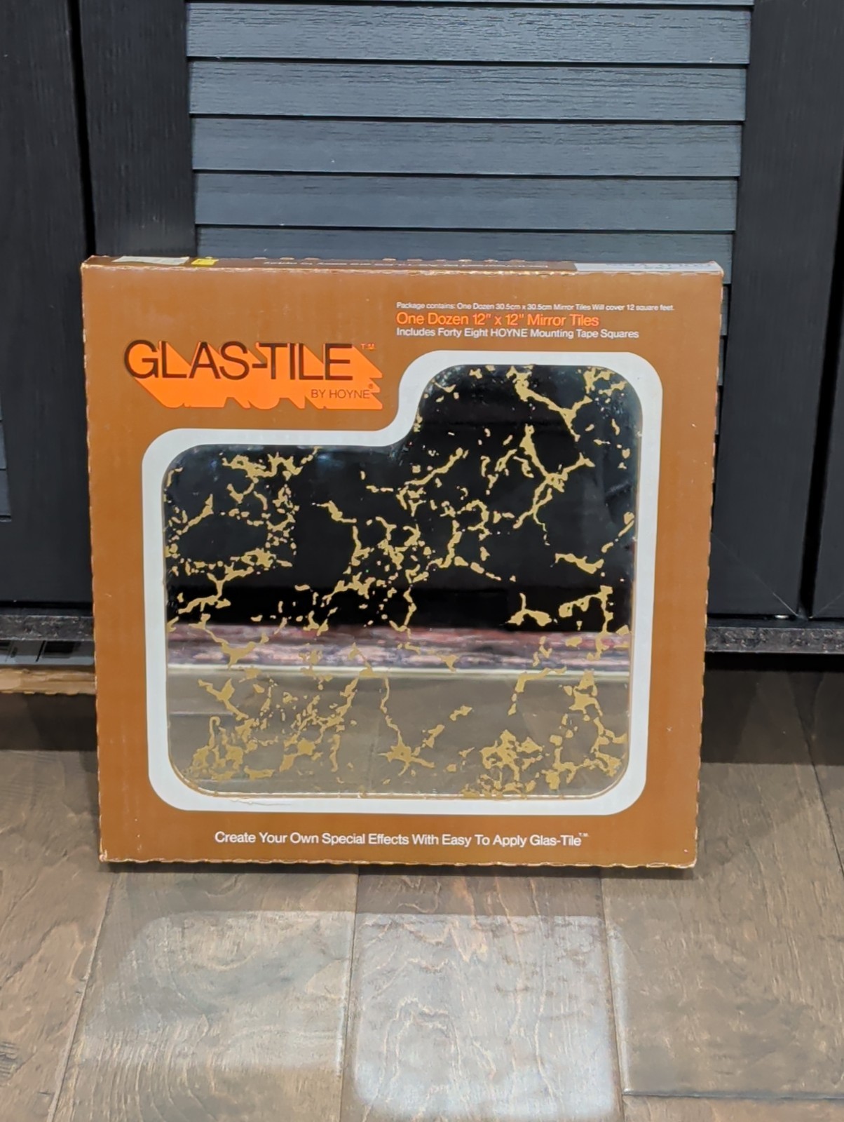 Hoyne Glas-Tile Box of 12 12″x 12 Gold Vein Marble Mirror Tiles 70’s NOS Vintage