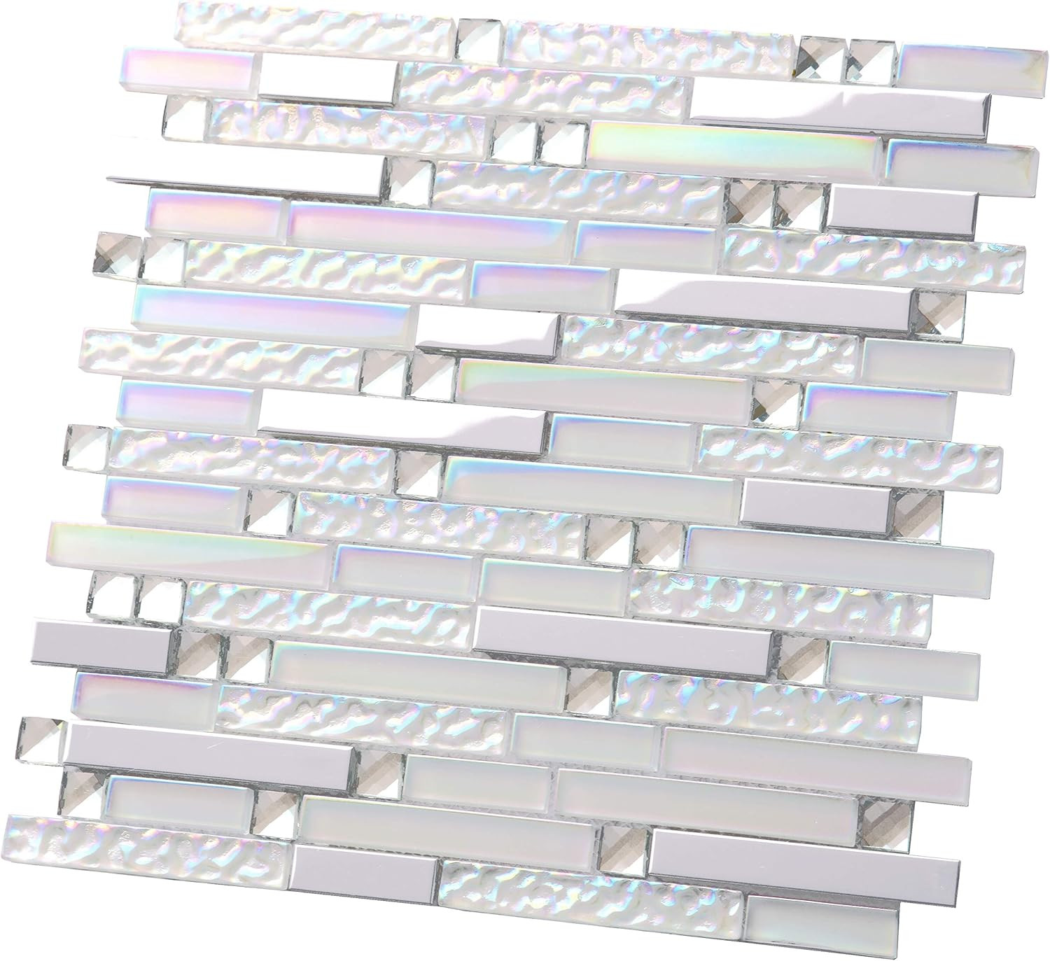 Glass Metal Tile Linear Mosaic Iridescent White Crystal Glass Chrome Metallic In
