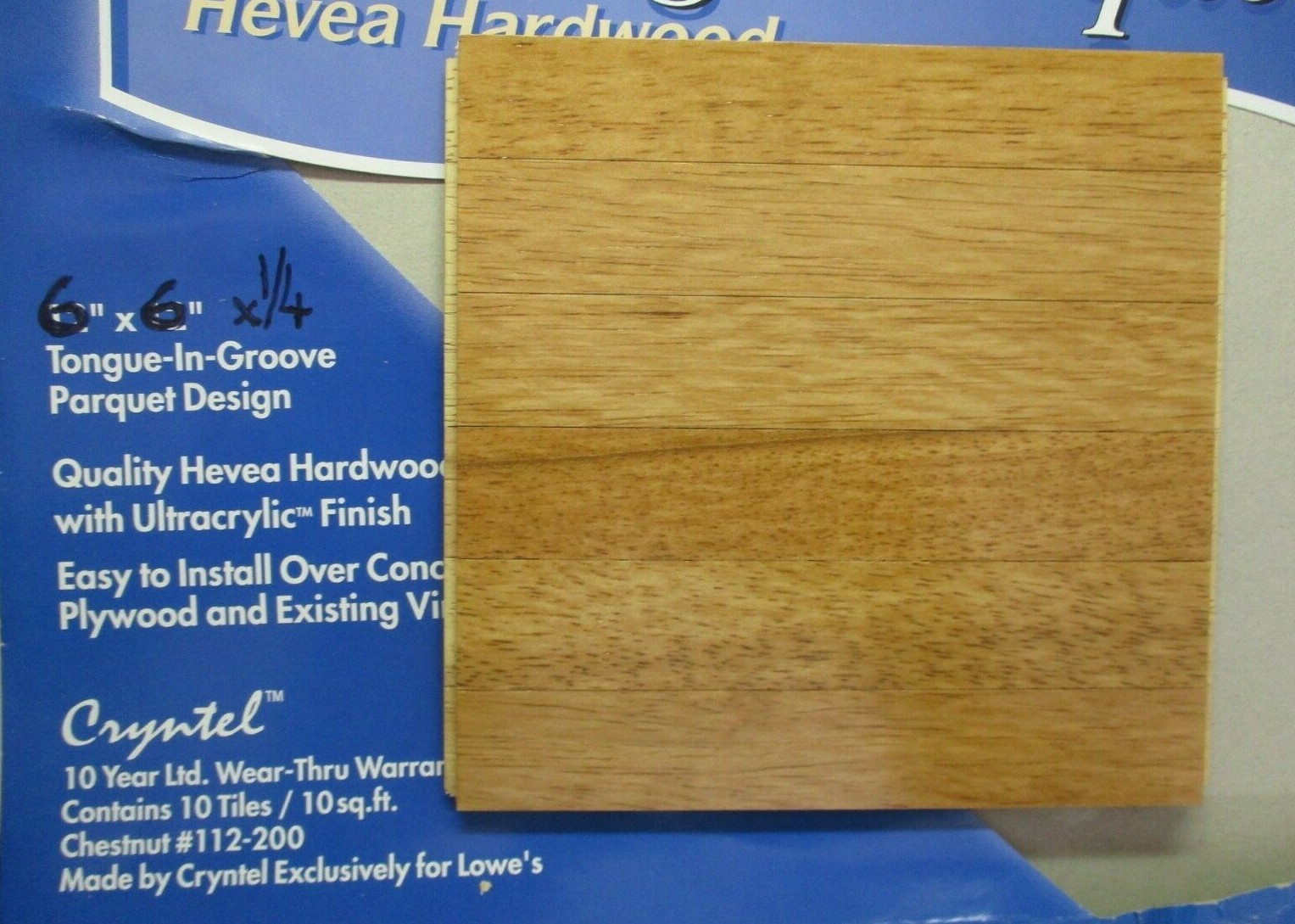 (1) 6″ x 6″Sq. Heritage Parquet Chestnut 53578 Hevea Wood 6 Finger Strip 112-200