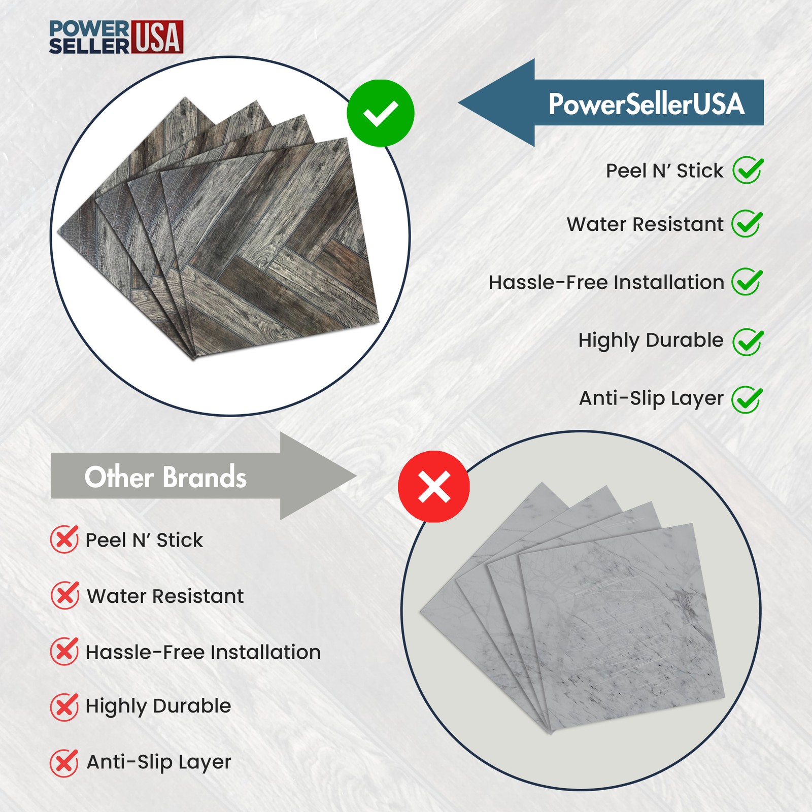 PowerSellerUSA Vinyl Self Adhesive Floor Tiles 20 PCS 12″ x 12″, Herringbone